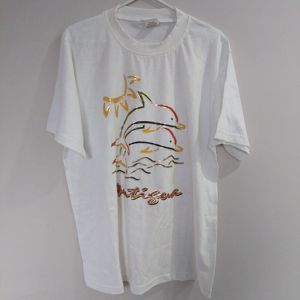Antigua Tourist  Size L T-Shirt Colorful Sun Dolphin Sand Graphic Unisex